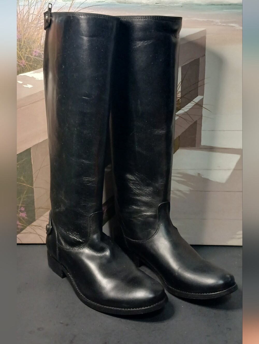 Womens Frye Melissa Black Leather Zip up back Riding Boots (New in box)